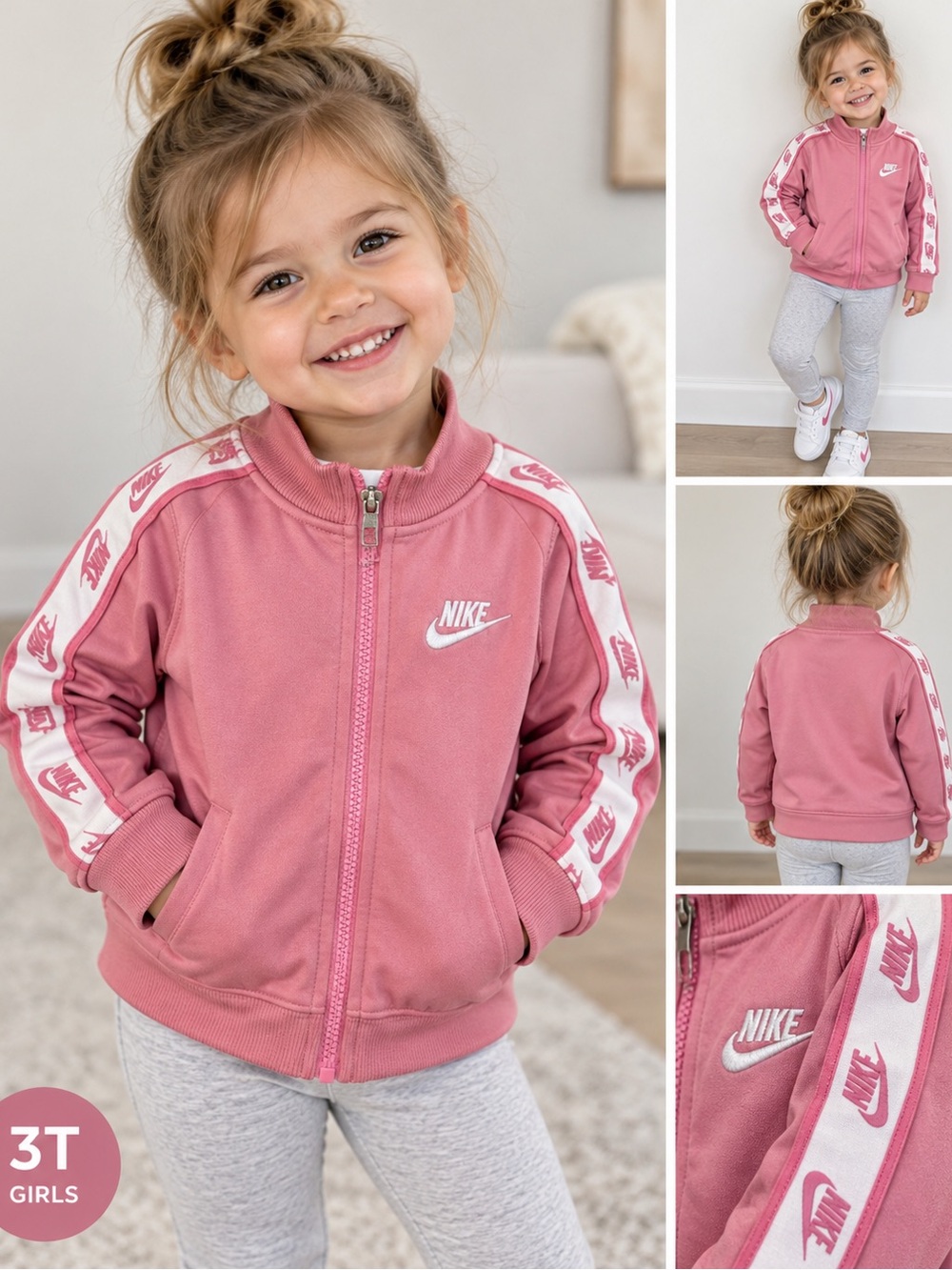 Nike Girls’ 3T Pink Track Jacket with Logo Tape & Full Zip Retro Sporty